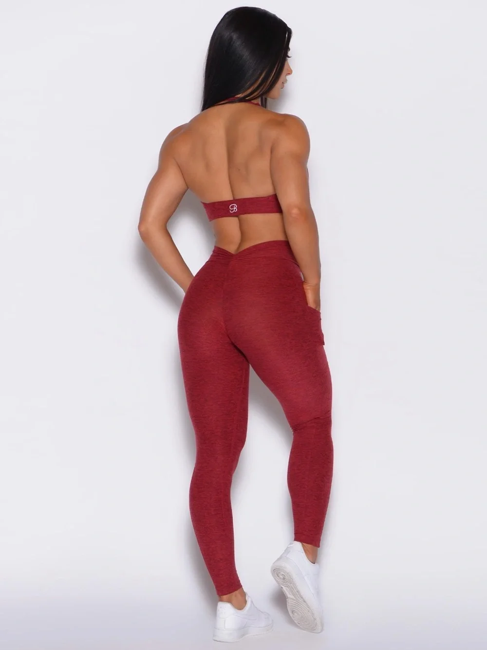 Bombshell Sportswear Garnet Red V Back Leggings & Backless Halter Bra Set